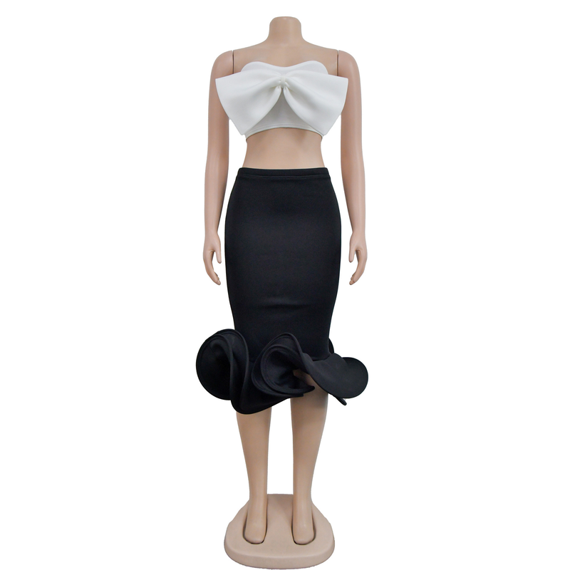Ensemble deux pièces pour femme avec haut tube sans manches et jupe à nœud sur la hanche_voghion.com