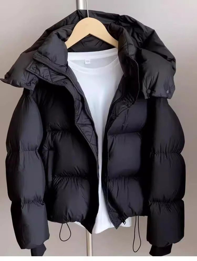 Women's Korean Style Short Puffer Jacket With Detachable Hood - Lightweight Warm White Duck Down Coat For Winter (Black/Coffee)_voghion.com