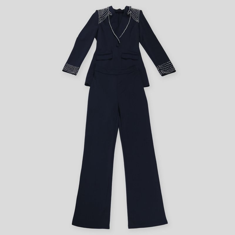 Traje de dos piezas ajustado de manga larga con perlas para mujer_voghion.com