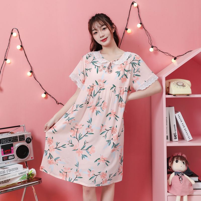 Vêtements de nuit pour femmes Chemise de nuit en coton et soie Robe de maison grande taille pour femmes Robe longue en dentelle_voghion.com