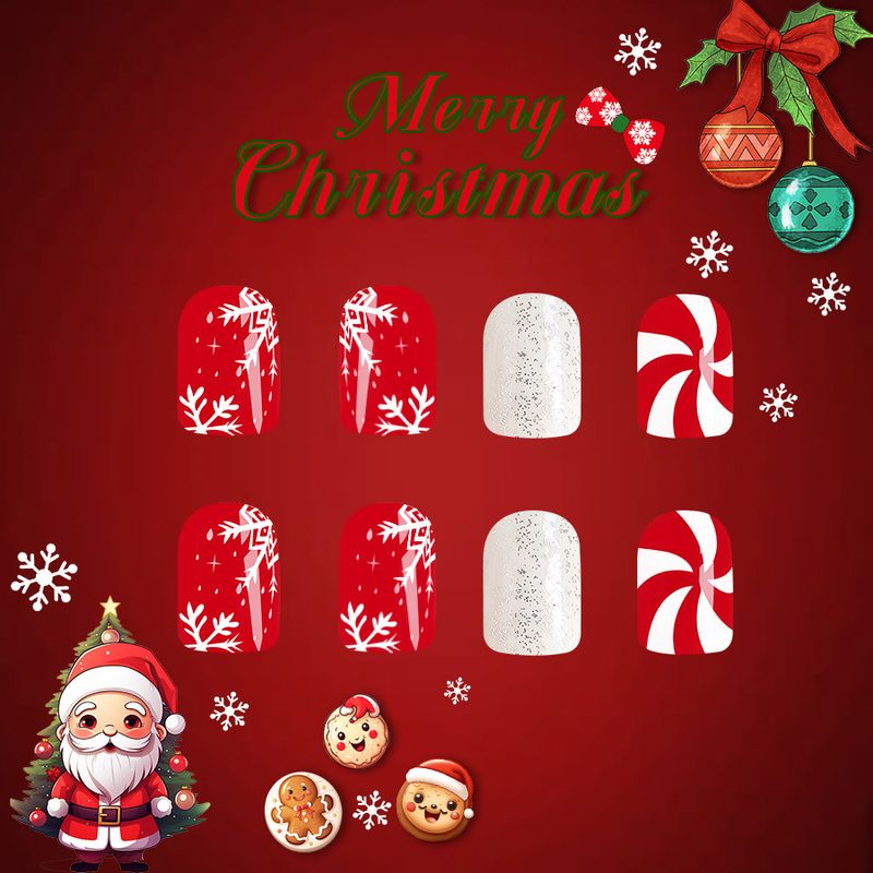 Short Gloss Square Armor 2024 Neue Weihnachten Weiße Schneeflocke Gestreift Rot mit Weiß Glitter Pulver 24 Stück_voghion.com