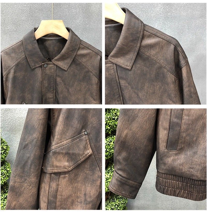 "Men's Retro PU Leather Jacket – Slim-Fit Biker Coat With Stand Collar & Side Pockets (Charcoal/Coffee, L-3XL)"_voghion.com