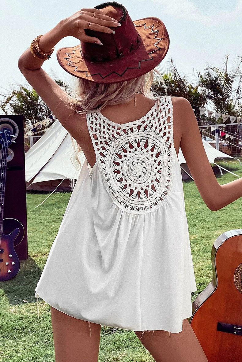 Camiseta sin mangas holgada con escote en V y encaje en la espalda para mujer, novedad de verano 2025_voghion.com