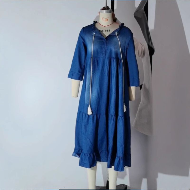Abito lungo plissettato a maniche lunghe in denim lavato da donna_voghion.com