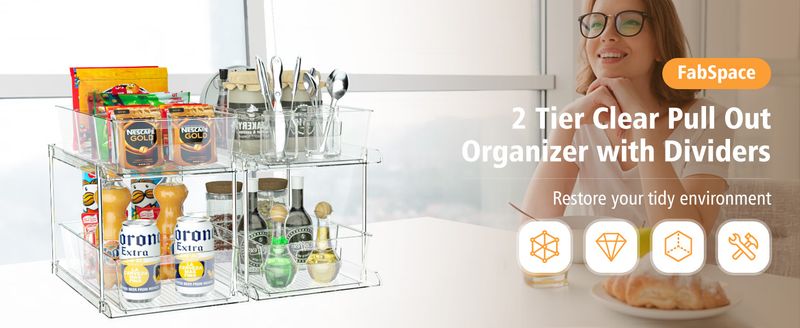 Pacote com 2 organizadores de banheiro transparentes de 2 camadas com divisórias, bandeja de bancada de vaidade multiuso, organizadores de cozinha, armários, armários e recipientes de armazenamento_voghion.com