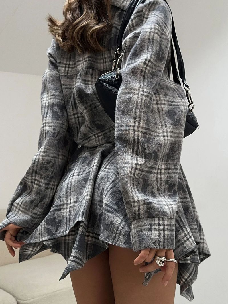 „Komplet damski: koszula w kratę i spódniczka mini – dwuczęściowy zestaw w stylu retro streetwear (szary/czerwony/zielony) – elastyczna mieszanka poliestru dla swobodnego stylu”_voghion.com