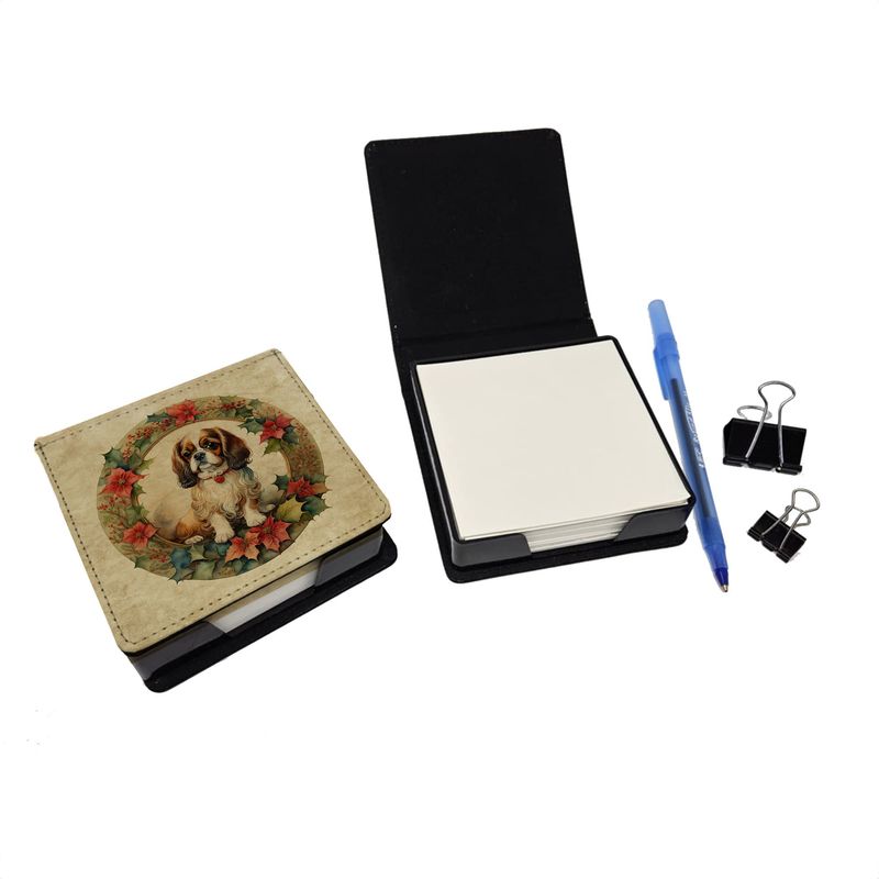 English Toy Spaniel Christmas Flowers PU Leather Note Paper Holder With Artist-Designed Cover, Desk Accessory, Office Gift_voghion.com