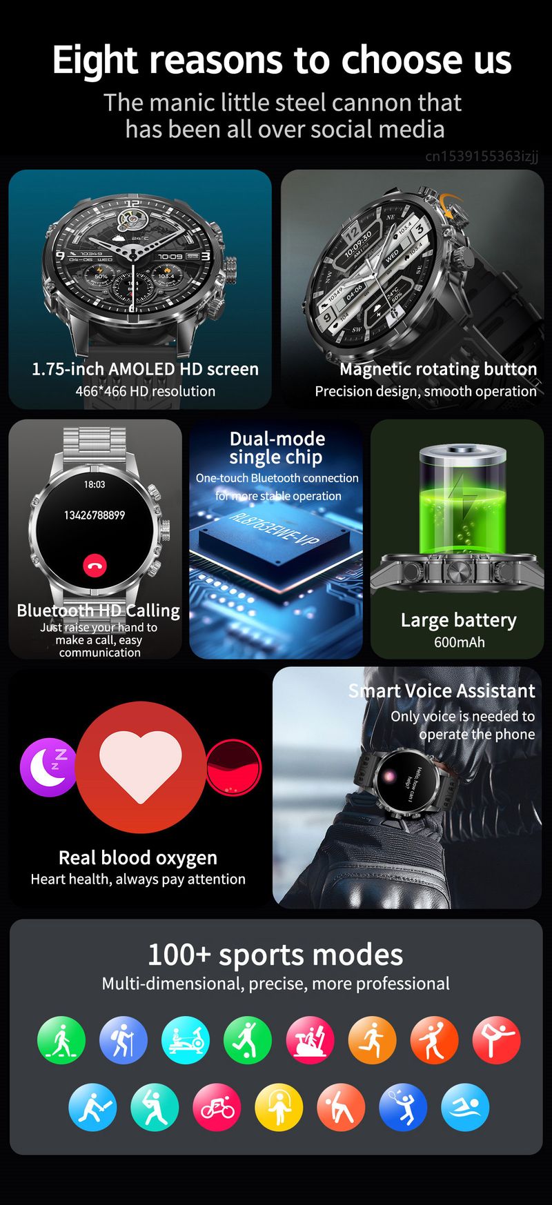 Smart Watch Amoled BT Call 600mAh Großer Akku Outdoor LED Taschenlampe Sport Fitness Tracker Gesundheitsmonitor Männer Smartwatch für Android iOS_voghion.com