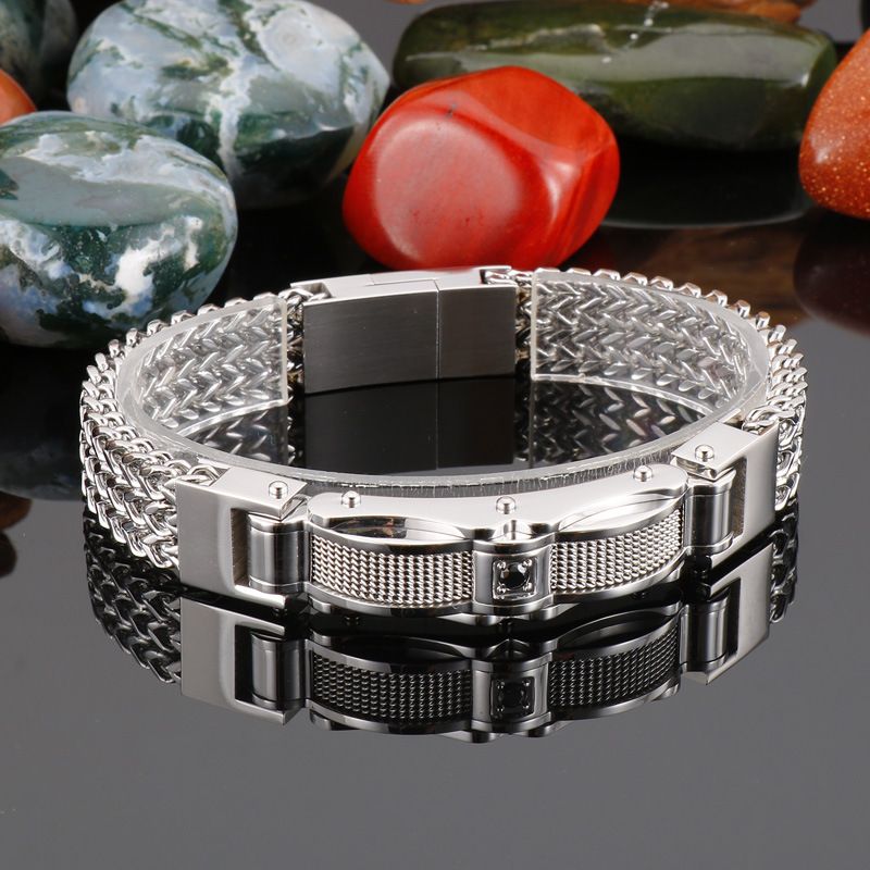 Bracciale da uomo in acciaio inossidabile con diamanti - Design geometrico alla moda per abbigliamento casual e formale - Misure regolabili da 19 cm a 23 cm_voghion.com
