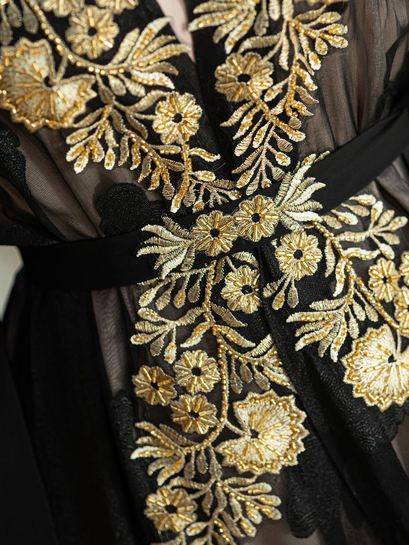 Black & Gold Embroidered Two-Piece Abaya Set With Belt - Elegant Lace Islamic Robe_voghion.com