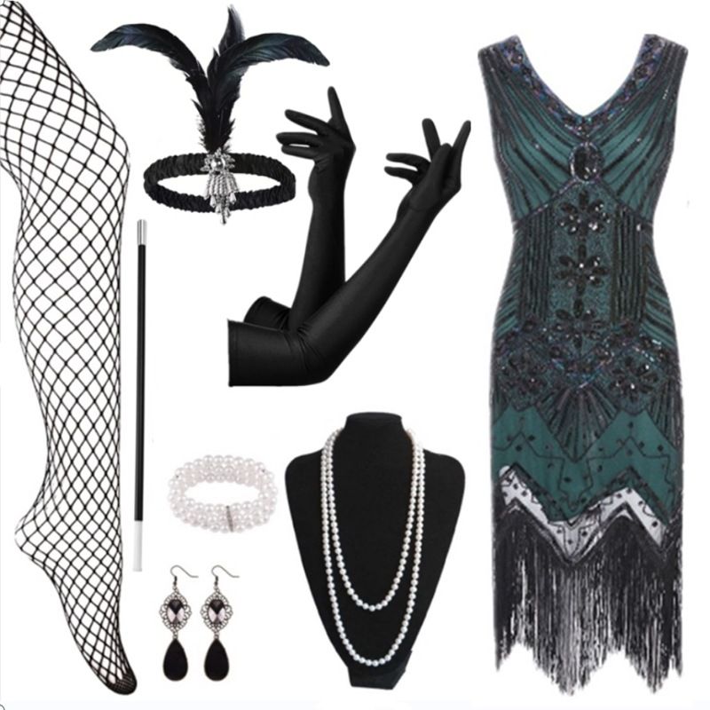 Vestido de noche de graduación estilo Gatsby con flecos y lentejuelas de los años 20 con conjunto de accesorios_voghion.com