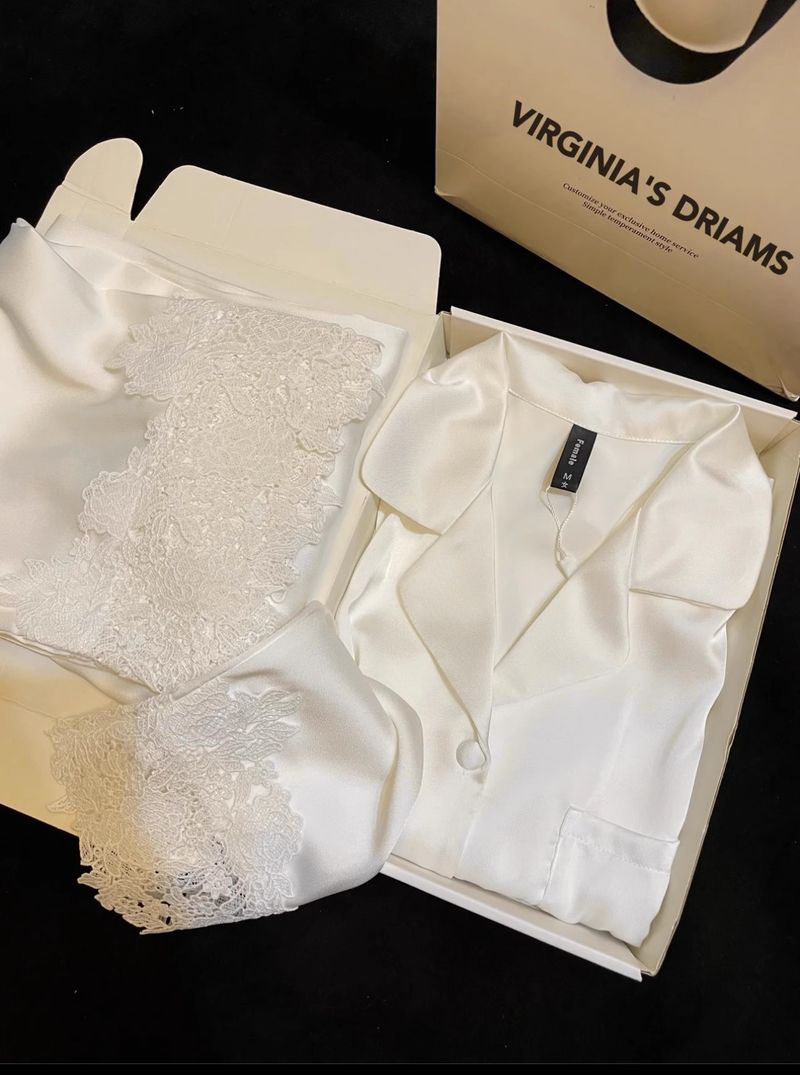 Unterwäsche & Nachtwäsche Luxuriöses Pyjama-Set aus Eisseide für Damen – Langarm und Hose mit Spitzenbesatz, bequeme Nachtwäsche für Frühling und Sommer, süß_voghion.com