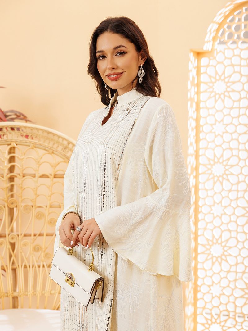Elegant Embroidered Abaya Dress – Flowy Maxi Kaftan With Flounce Sleeves (Light Green/Yellow/Pink, S-XXL)_voghion.com