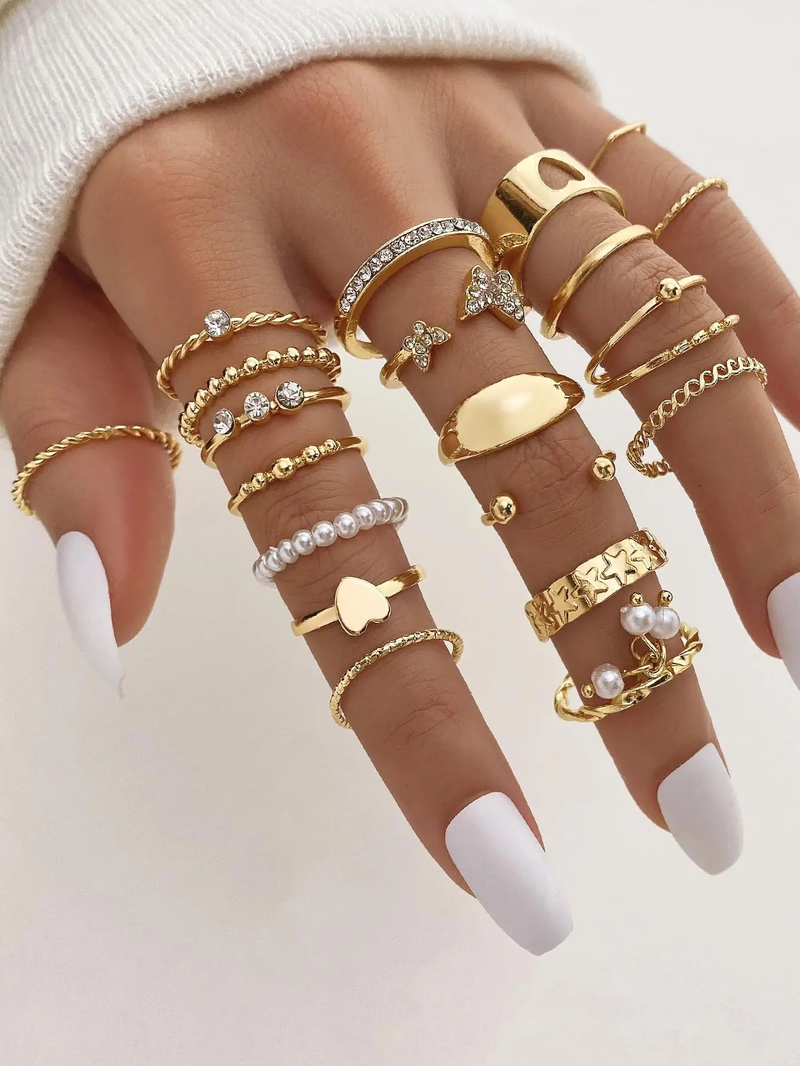 Ready Stock 23pcs/Set Vintage Heart Butterfly Rings Set For Women Fashion Gold Color Geometric Hollow Finger Ring Wedding Party_voghion.com