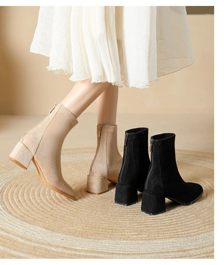 333-1 Autumn Winter New Korean Fashion Square Toe Short Suede Zipper Women's Chunky Mid-Calf High Heel Boots_voghion.com