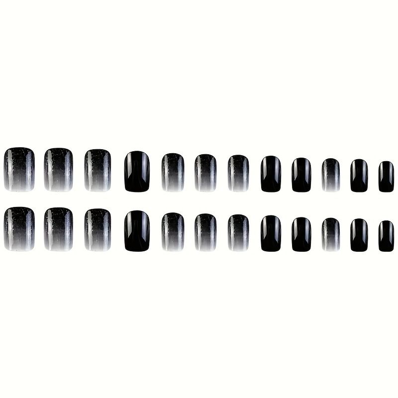 Unhas postiças pretas e brancas com glitter – 24 unidades de unhas postiças reutilizáveis, unhas curtas quadradas de acrílico para mulheres, unhas postiças fáceis de fazer (LC206)_voghion.com