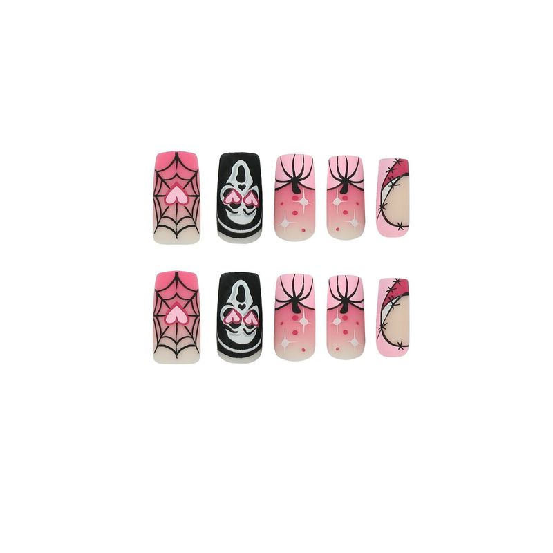 Unghie finte con armatura, nail art di Halloween, sfumatura rosa, amore, zucca, ragnatela, teschio, unghie finte_voghion.com