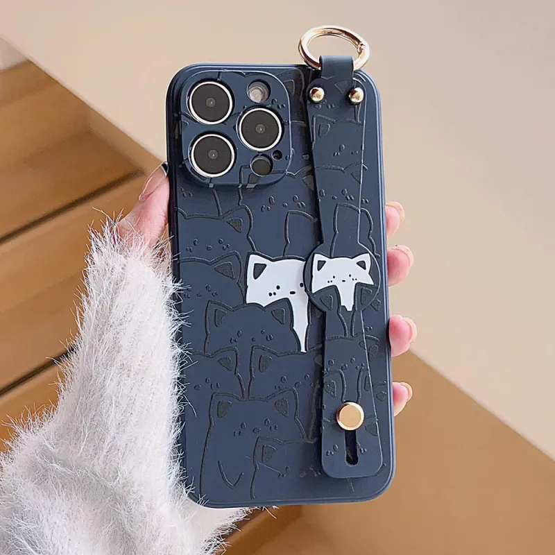 For Iphone 16 Pro Max Plus Wrist Strap Phone Holder Cute Funny Cartoon Black White Cat Pattern Soft TPU Case Shockproof_voghion.com