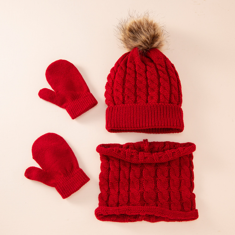 Baby clothing wool monochrome twist warm children's hat scarf gloves two or three sets_voghion.com