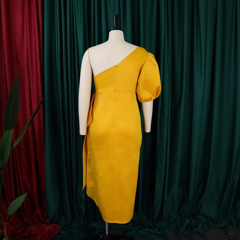 Damen-Kleid, Größe S-3XL, Temperament-Taille, umwickelt, mit Blasenärmeln, Bankett-Split-Kleid_voghion.com