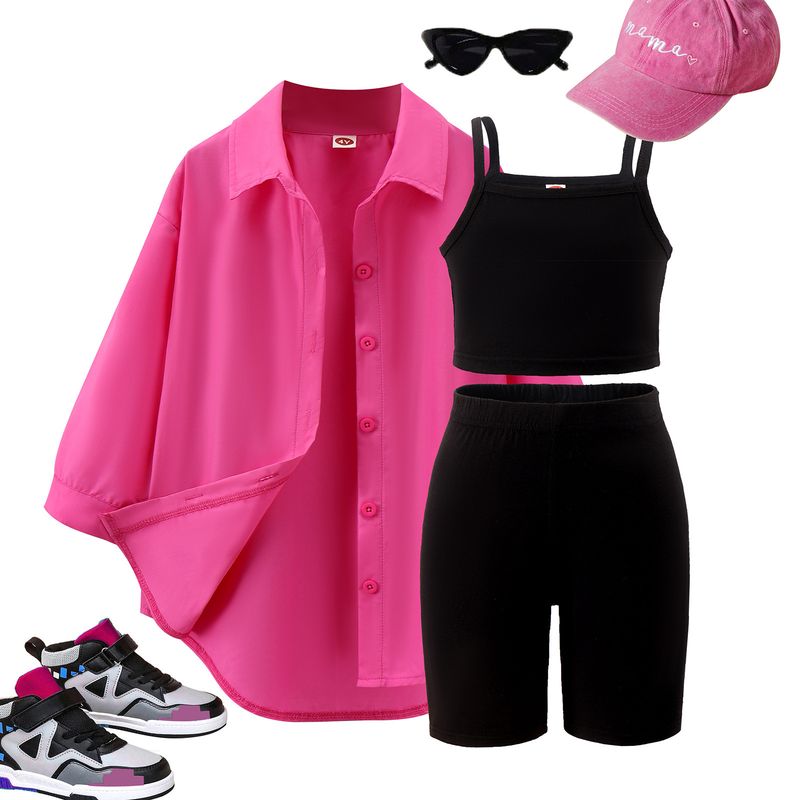 Παιδικά Ρούχα Άνοιξη και Φθινόπωρο Νέα Κοστούμια για Κορίτσια Μικρά και Μεσαία Παιδικά Μονόχρωμες Τιράντες + Σορτς + Μακρυμάνικο Μπουφάν Σετ Τριών Τεμαχίων_voghion.com