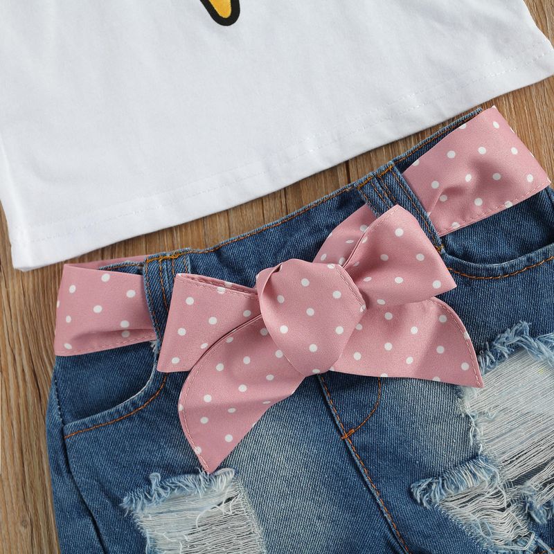 Mother & Kids Abbigliamento per bambini per ragazze del commercio estero, maglietta a maniche corte con collo rotondo con palline di pelo bianco, pantaloncini di jeans strappati, abito estivo per ragazze_voghion.com