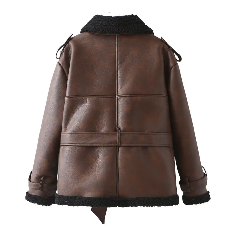 Cappotto in similpelle con cintura e collo in pelliccia sintetica - Capispalla invernale alla moda da strada per donna (marrone, XS/S/M/L)_voghion.com