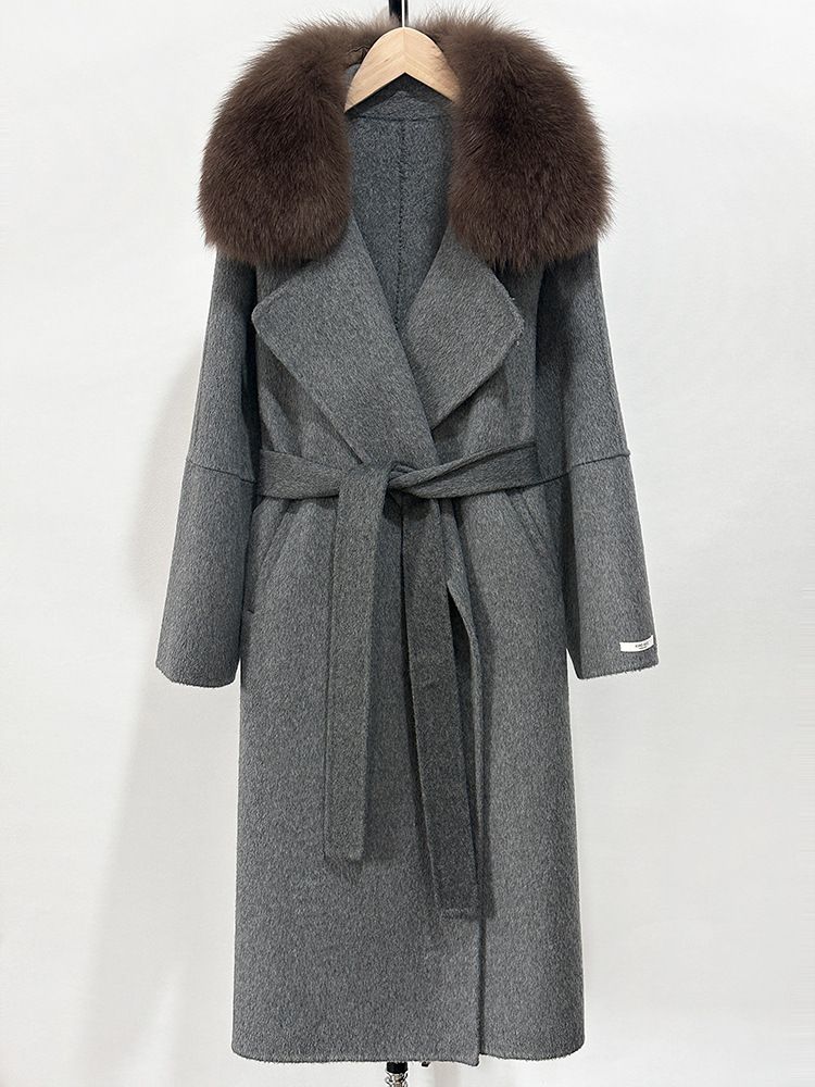 Elegant-Style Women's Wool Coat With Fox Fur Collar, Belted Double-Faced Long Tweed Coat_voghion.com