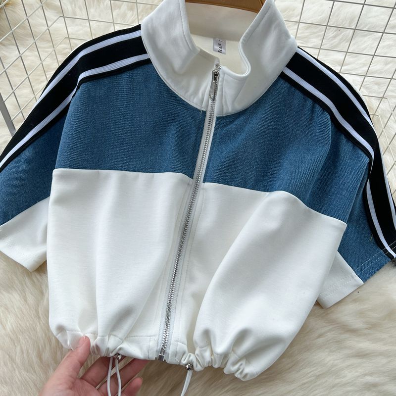 Damenbekleidung Modeanzug für Frauen Kordelzug Taille Kurze Kontrastfarbe Stehkragen Hohe Taille Denim Weite Beinhose_voghion.com