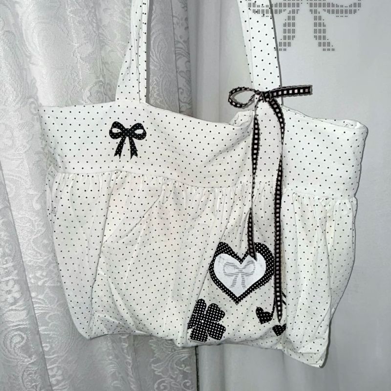 Herbst/Winter Neue Polka Dot Canvas Taschen Fliege Herzförmige Schultertasche Einkaufstasche Vielseitig_voghion.com