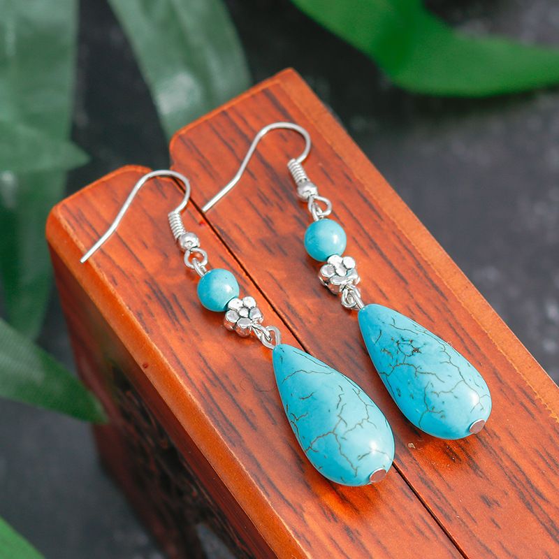 Pendientes largos de gota de agua turquesa bohemios de aleación de metal con personalidad creativa_voghion.com