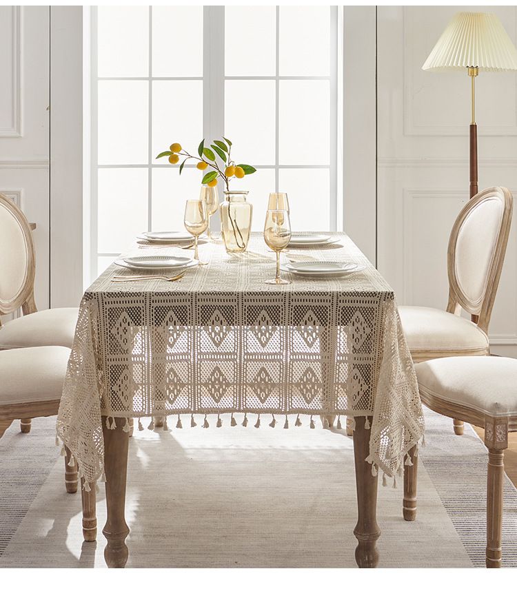 Vintage Crochet Tablecloth – Non-Slip Polyester Lace Table Cover, Elegant Embroidered Square/Round Dining Cloth For Farmhouse, Café, Wedding_voghion.com