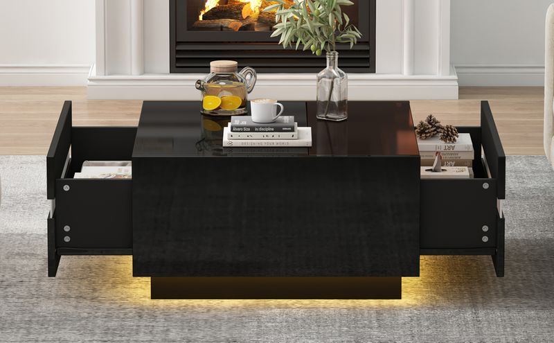 Table basse carrée 70 x 70 x 36 cm avec LED, table de salon haute brillance avec 2 tiroirs, table d'appoint avec plateau en verre trempé, table basse au design géométrique_voghion.com