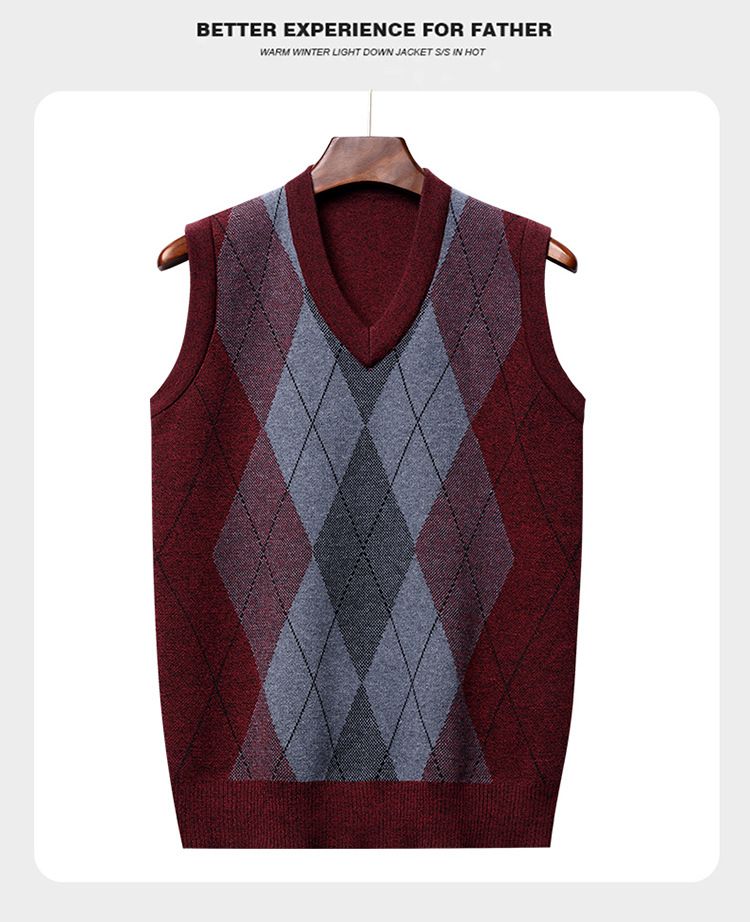 Herren Strickweste aus Wolle mit V-Ausschnitt und Rautenmuster, verdickter ärmelloser Pullover für Herbst und Winter_voghion.com