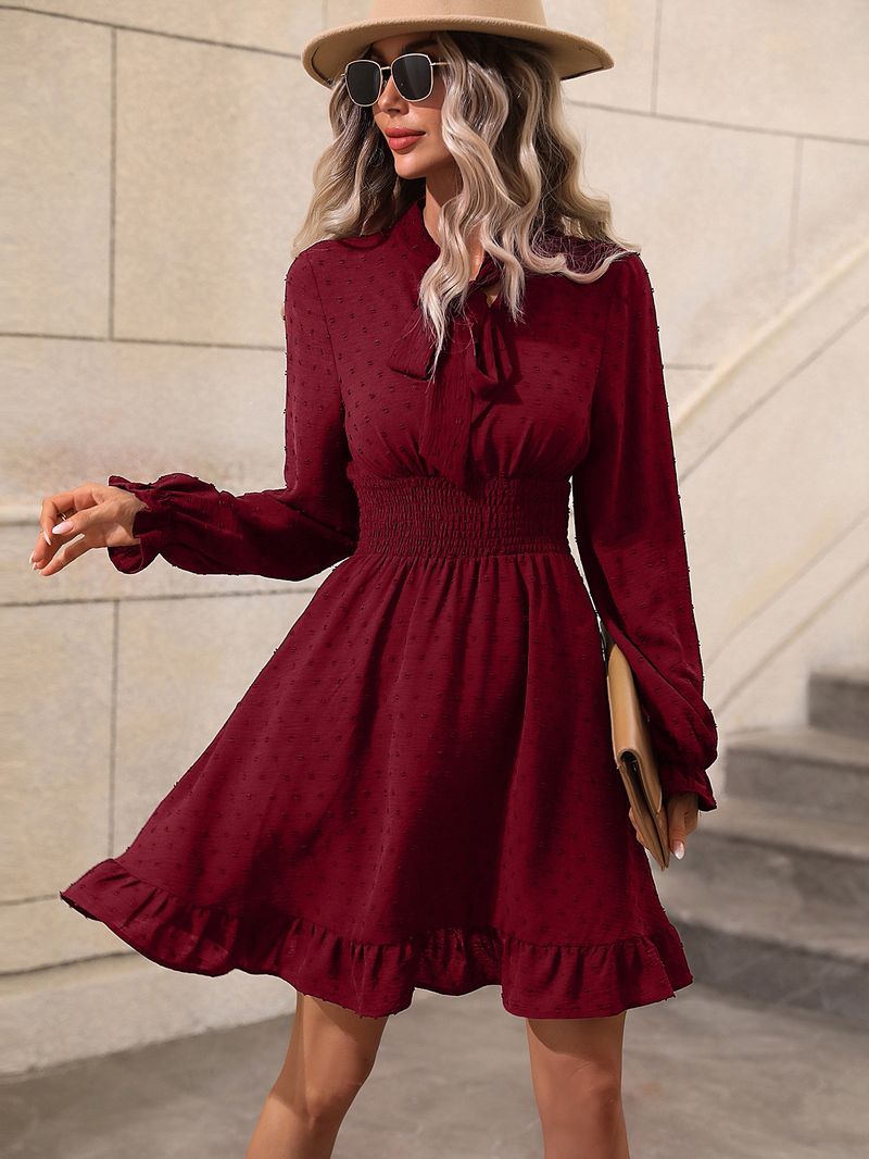 2024 Spring/Summer Women's Waist Wrapped Solid Color Tie Long Sleeved Dress_voghion.com