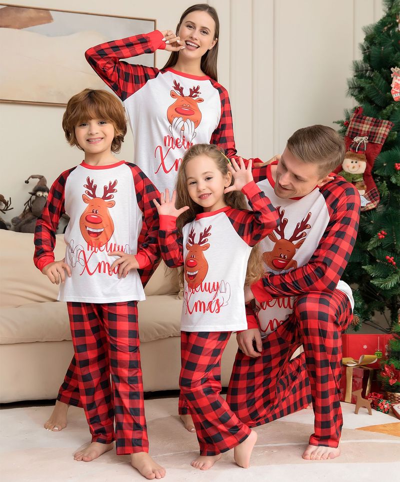 Independent Station Christmas Parent Child Set Cross Border Deer Letter Print Red Plaid Home Clothes Pajamas Soft Cute_voghion.com