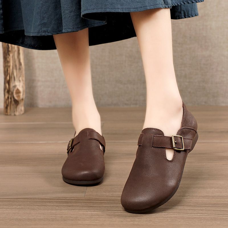 Scarpe casual da donna in vera pelle con punta rotonda, stile New Forest, estive 2025, pigre e piatte, modello primo strato, 2106-3_voghion.com
