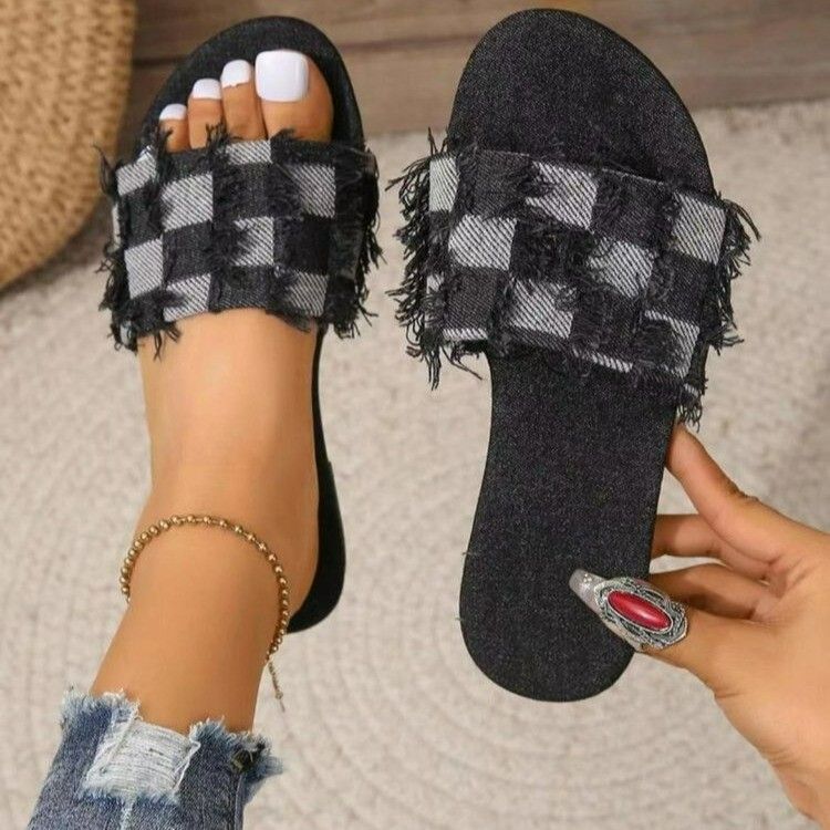 Pantofole da donna taglie forti 2023, nuove scarpe casual alla moda semplici e piatte in denim quadrato_voghion.com
