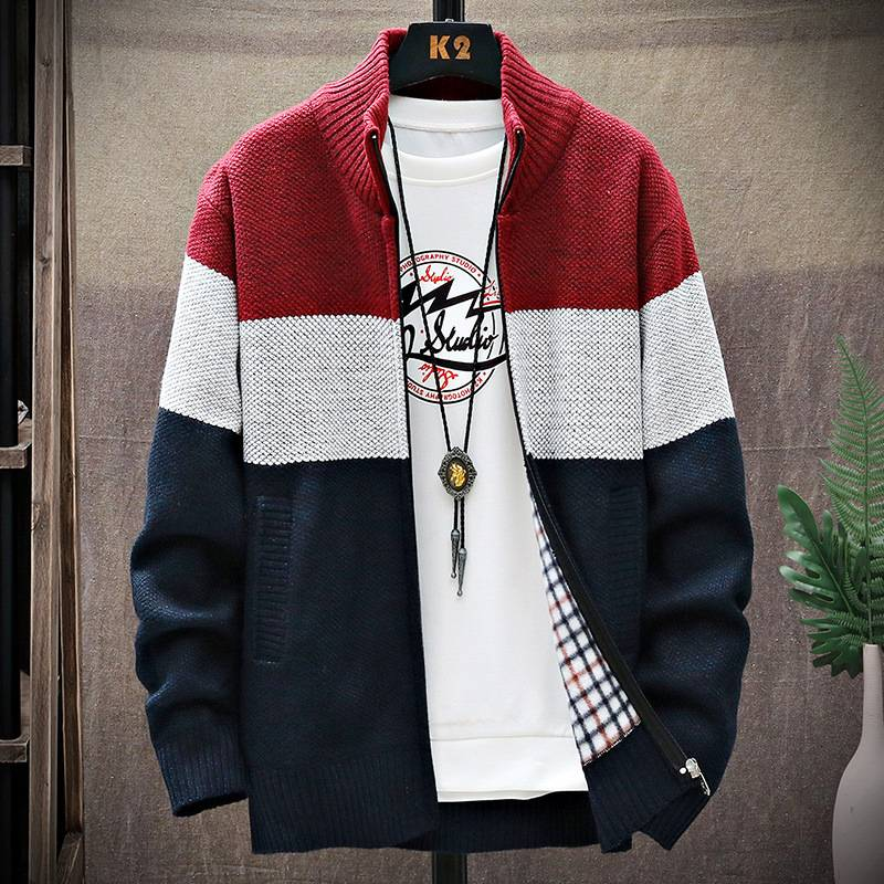 Erkek Giyim Sonbahar ve Kış Polar Astarlı Dik Yaka Örme Hırka Erkek Renk Uyumlu Ceket Moda Kazak Ceket Bol Büyük Beden_voghion.com
