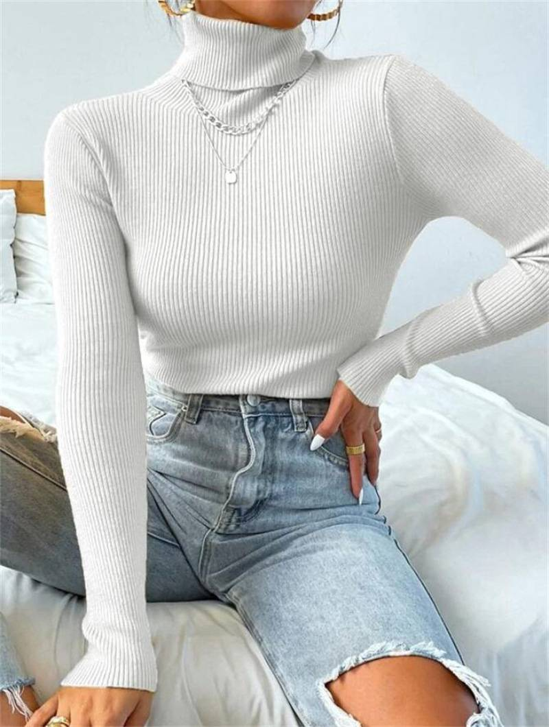 2024 Autumn Winter Women Long Sleeve Knitted Foldover Turtleneck Ribbed Pull Sweater Soft Warm Femme Jumper Pullover Clothes_voghion.com