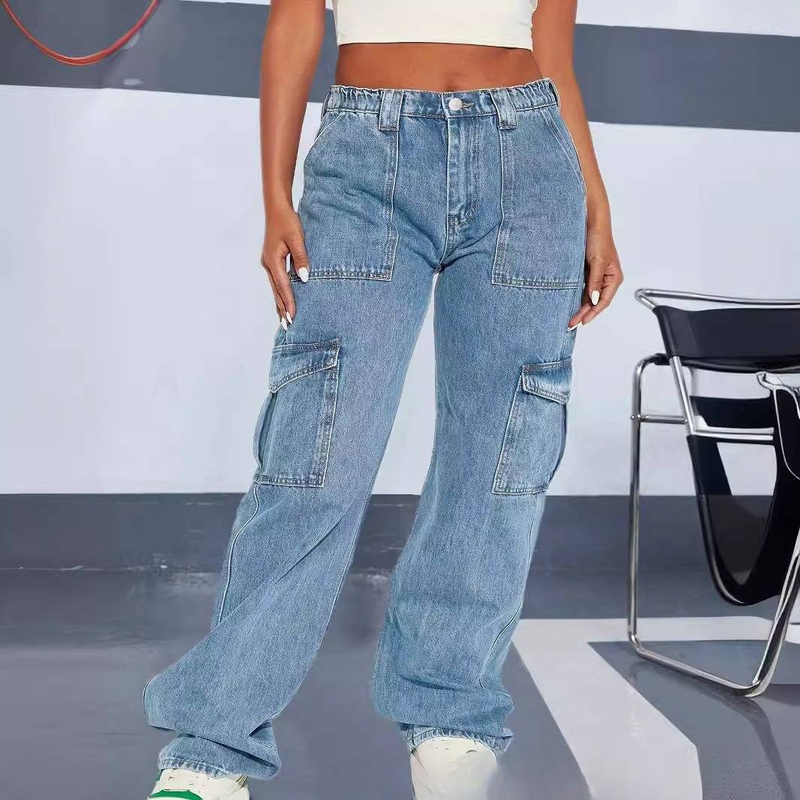 Women’s Clothing large size denim stretch overalls fat girl straight multi pocket pants_voghion.com