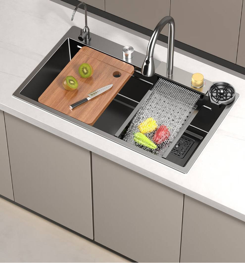 Waterval Spoelbak Keuken Roestvrijstalen Opbouw Spoelbak Zwarte Nano Wasbak Enkele Spoelbak Creatieve Roestvrijstalen Keuken Spoelbakken_voghion.com