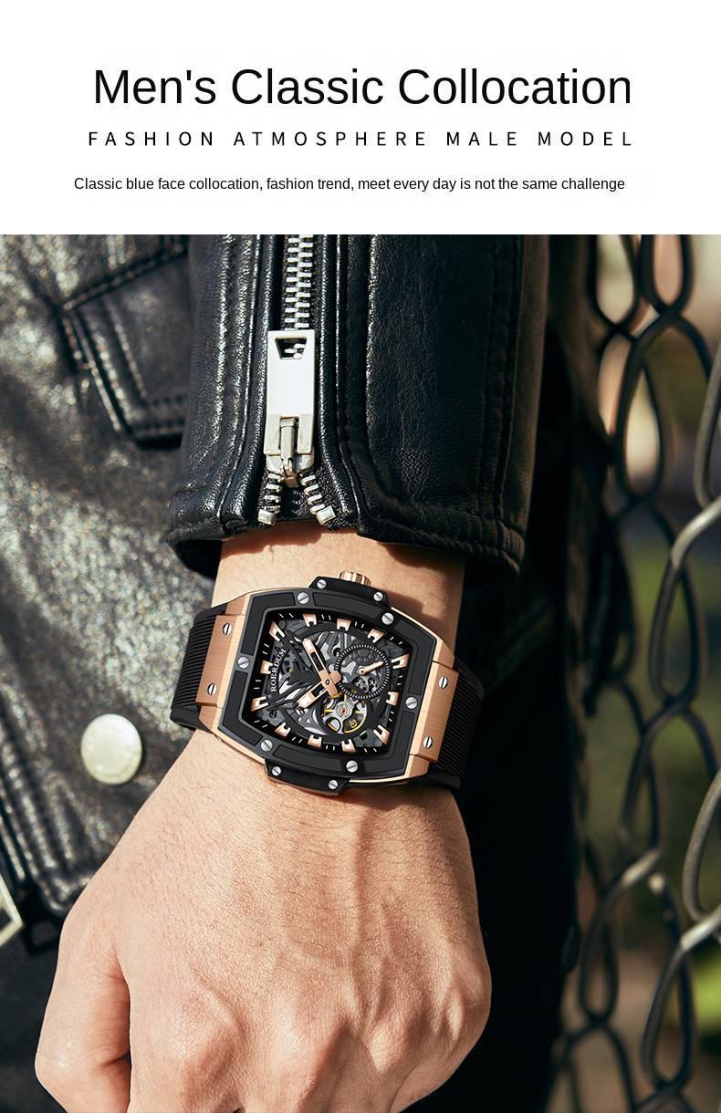 ROERDUM Cyberpunk Series Double Skeleton Dial Silicone Strap Black Dial Casual Stylish Men's Mechanical Watch_voghion.com