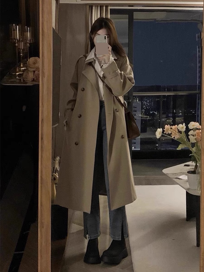 Damen-Trenchcoat – Übergroßer langer Mantel mit Prinzessärmeln, zweireihiger Knopfleiste, Khaki/Schwarz, Petite & Plus Size Friendly_voghion.com
