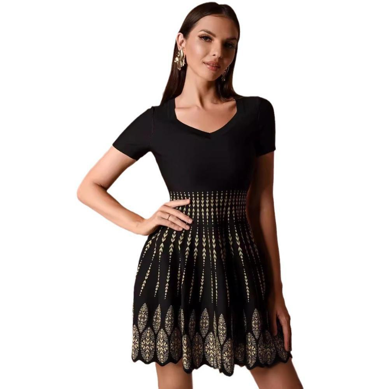 Damenbekleidung Elegantes schwarzes Jacquard-Kleid mit kurzen Ärmeln und ausgestellter Taille – U-Ausschnitt, 3D-Blumendruck, Stretch-Rayon-Mischung_voghion.com