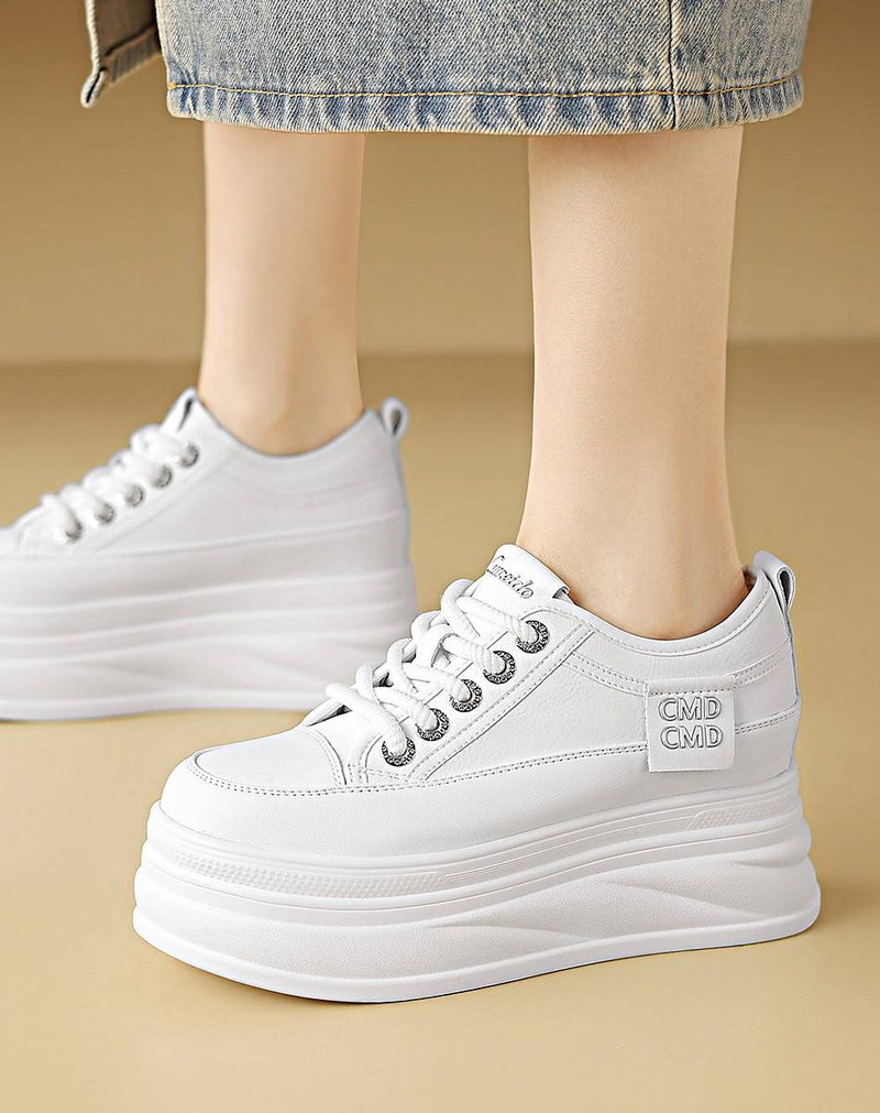 Cameido PU Thick Sole Comfortable Women's Casual Shoes - White Faux Leather & Flocking, Round Toe, 6CM Heel_voghion.com
