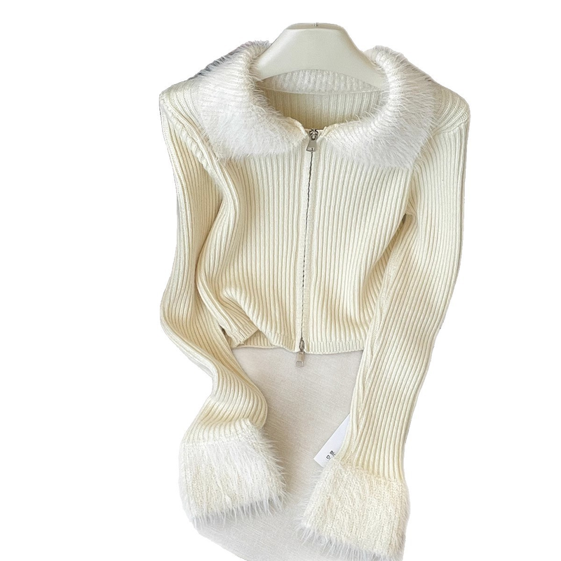 Damenbekleidung Reißverschlusspullover Frühling Kunstpelzkragen Reißverschluss-Strickjacke Damen Frühling Langarmbluse Ausgestellte Manschette Weicher Pullover aus Viskosemischung_voghion.com