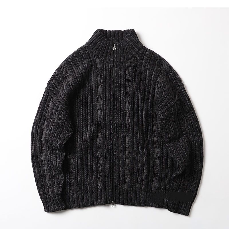 Men’s Chunky Cable-Knit Cardigan Retro Textured Pullover With Stand Collar & Relaxed Fit For Coffeehouse Lounging (Blue, Black)"_voghion.com