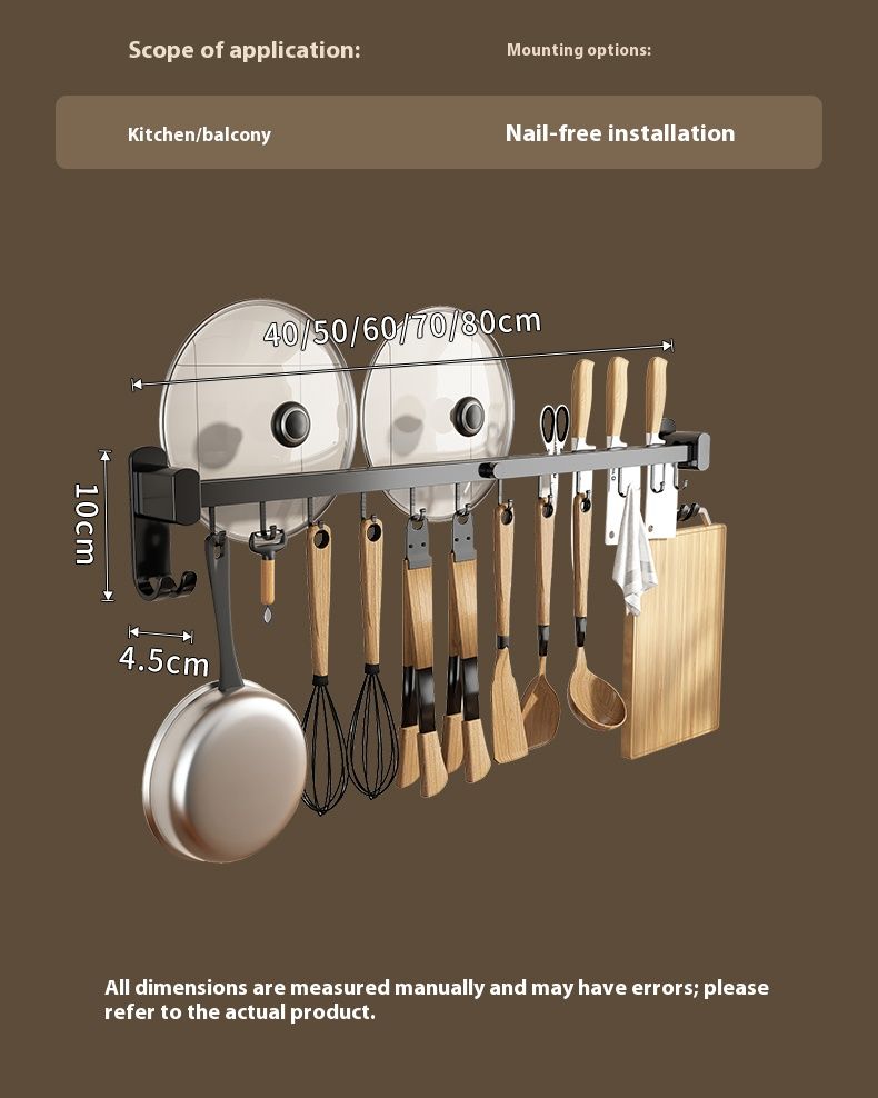 Organizador de utensílios de cozinha de parede sem furadeiras – Suporte de alumínio para pendurar colheres, facas e utensílios de cozinha, 6 a 14 ganchos (acabamento fosco e brilhante)_voghion.com
