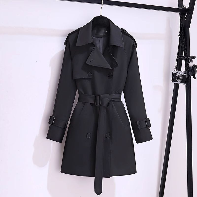 Klassieke trenchcoat voor dames, voor kleine vrouwen - Britse stijl, middellange jas met inkeping in de kraag en knoopdetail (kaki/zwart)_voghion.com